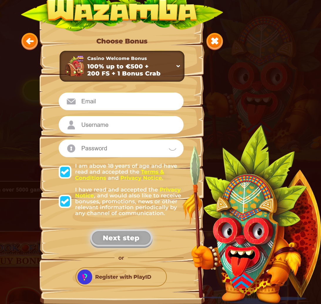 Wazamba Registration Screenshot